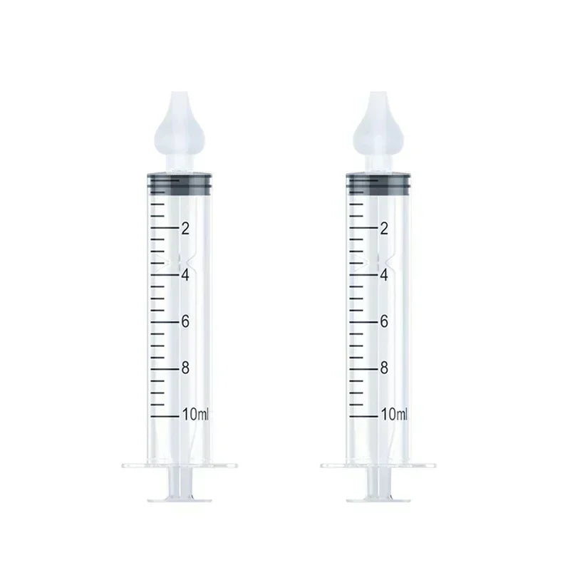 Two clear 10ml baby nasal aspirator syringes with soft silicone tips and black measurement markings.