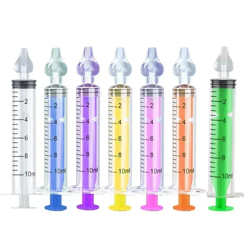 Colorful silicone baby nasal aspirators with 10ml syringes, featuring soft tips and clear measurement markings.