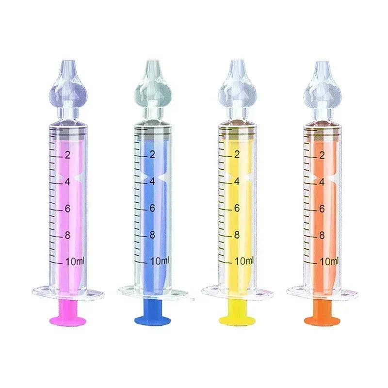 Four colorful 10ml baby nasal aspirators with soft silicone tips in pink, blue, yellow, and orange.
