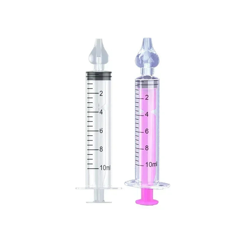 Two 10ml baby nasal aspirators with soft silicone tips, one clear and one with pink liquid.