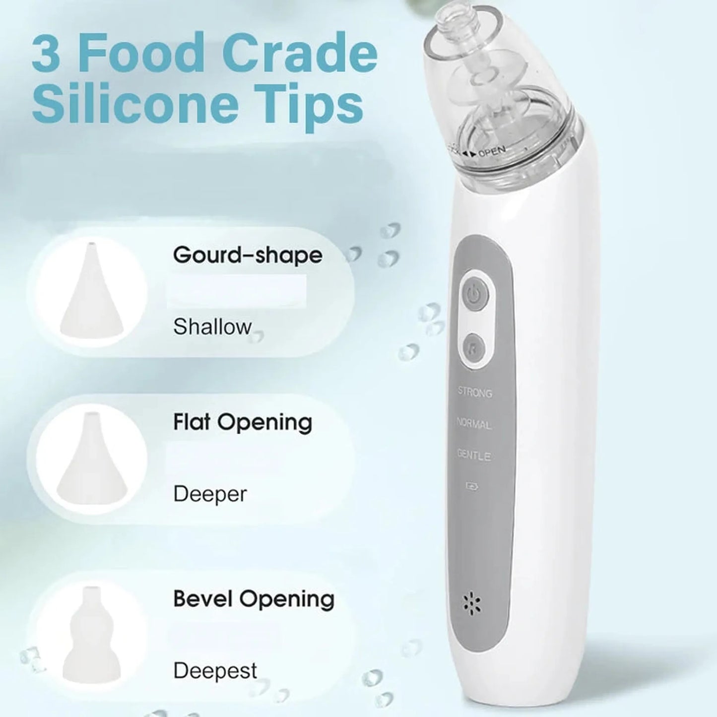 White electric baby nasal aspirator with three food-grade silicone tips: gourd-shape, flat, and bevel.