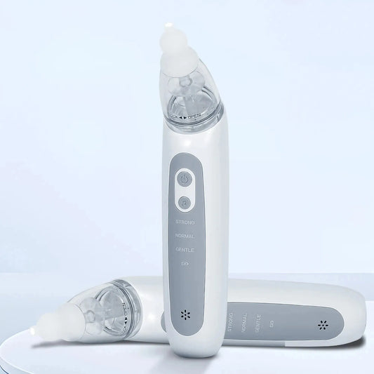White electric baby nasal aspirator with gray control panel, soft silicone tip, and multiple suction modes.