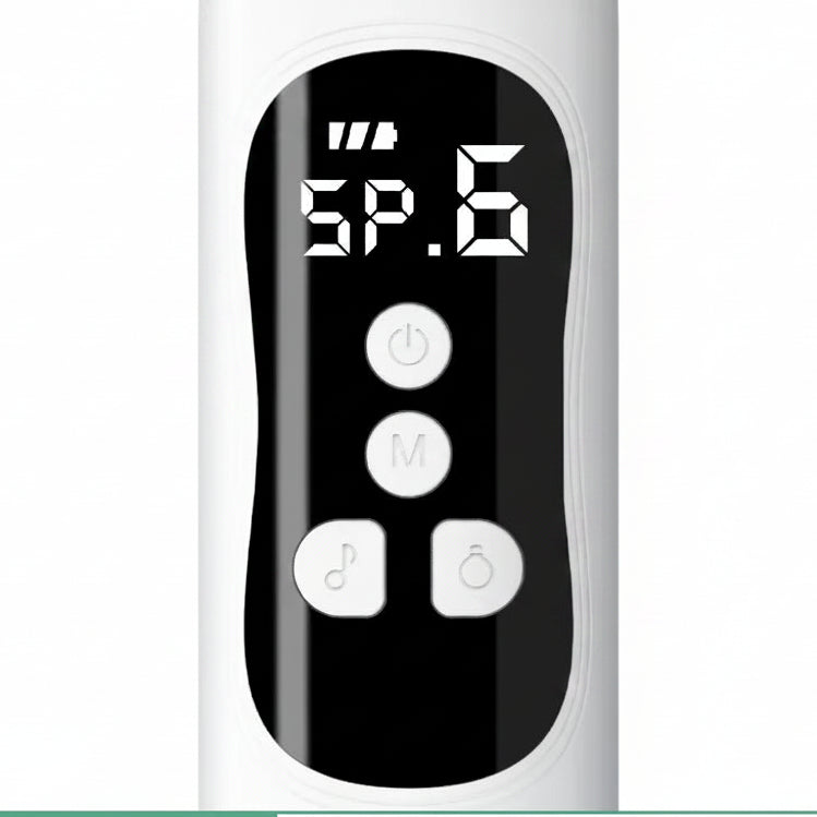 White electric nasal aspirator with LCD screen, power, level, music, and light buttons.