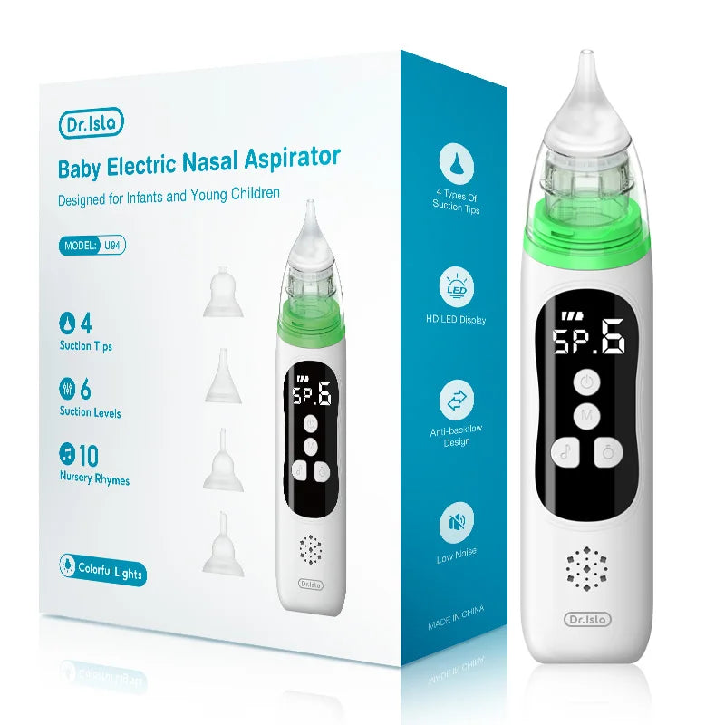 White and green Dr. Isla baby electric nasal aspirator with LCD screen, 4 suction tips, and box.