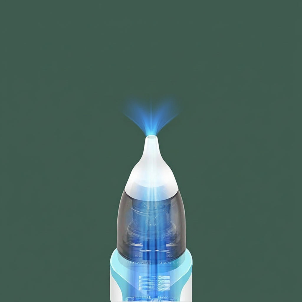 Rechargeable electric baby nasal aspirator with soft silicone tip, blue and white design.