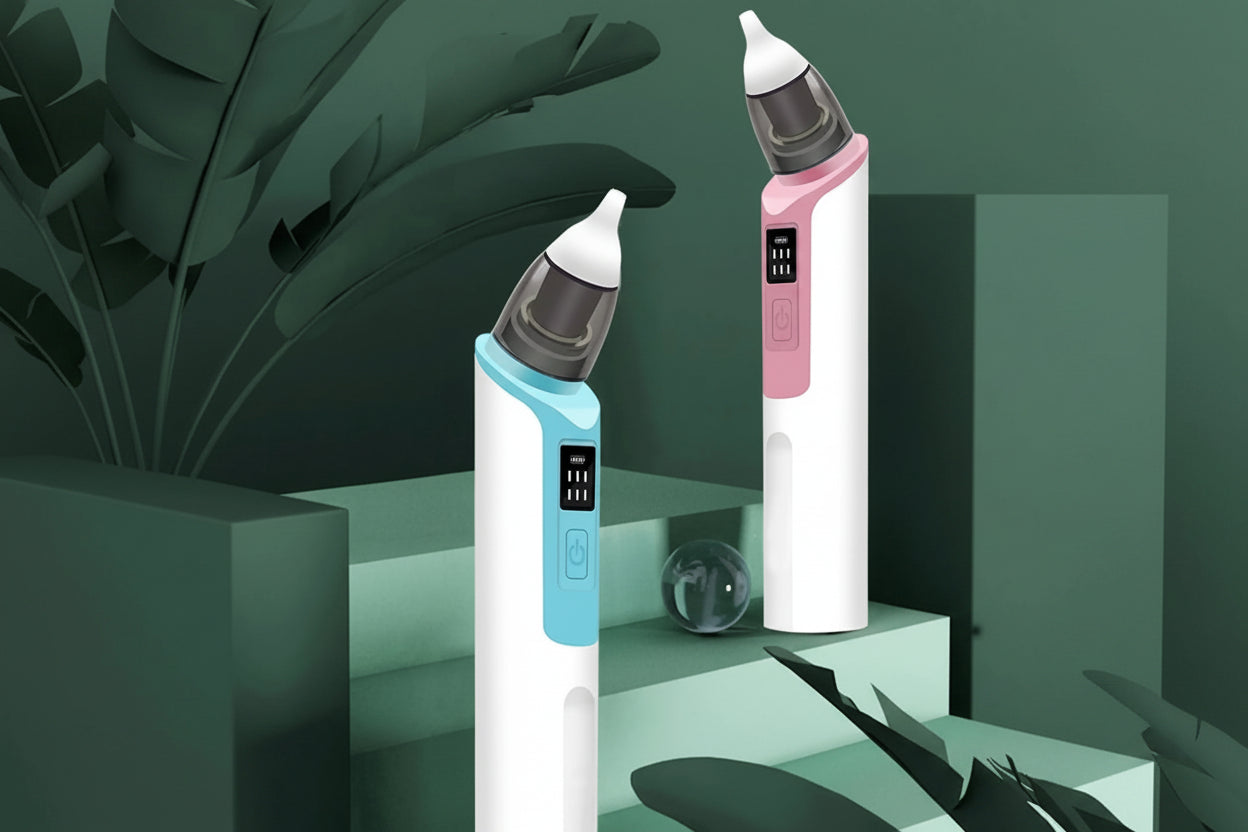 Rechargeable electric baby nasal aspirators with soft silicone tips, one blue and one pink.