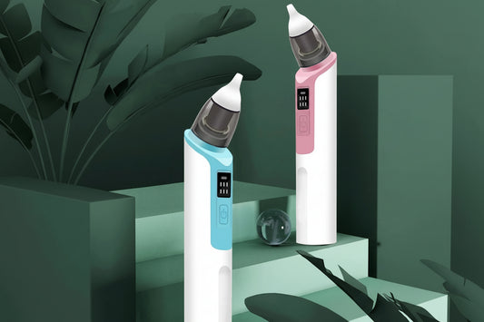 Rechargeable electric baby nasal aspirators with soft silicone tips, one blue and one pink.