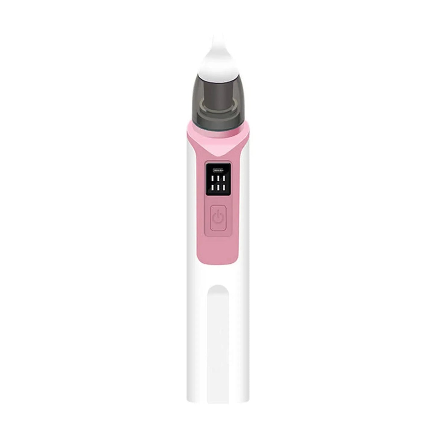 White and pink rechargeable electric baby nasal aspirator with soft silicone tip and digital display.