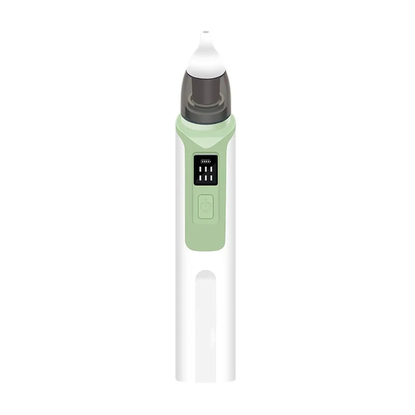 White and green rechargeable electric baby nasal aspirator with a soft silicone tip.