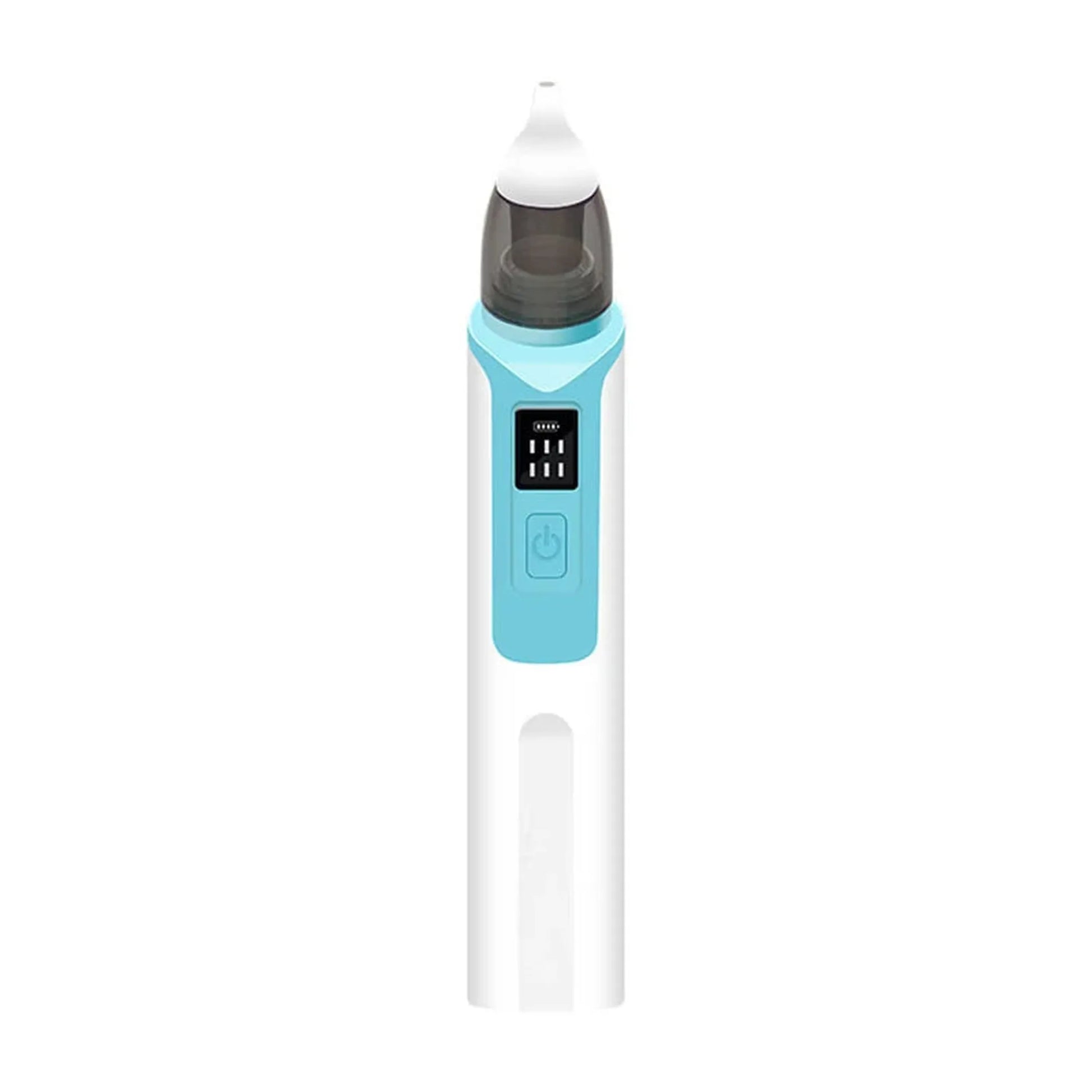 White and light blue electric baby nasal aspirator with soft silicone tip and digital display.