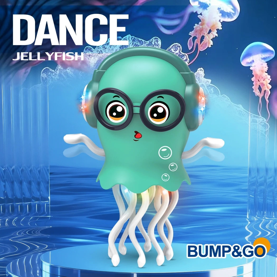 Green crawling jellyfish toy with LED lights, headphones, and obstacle sensor.