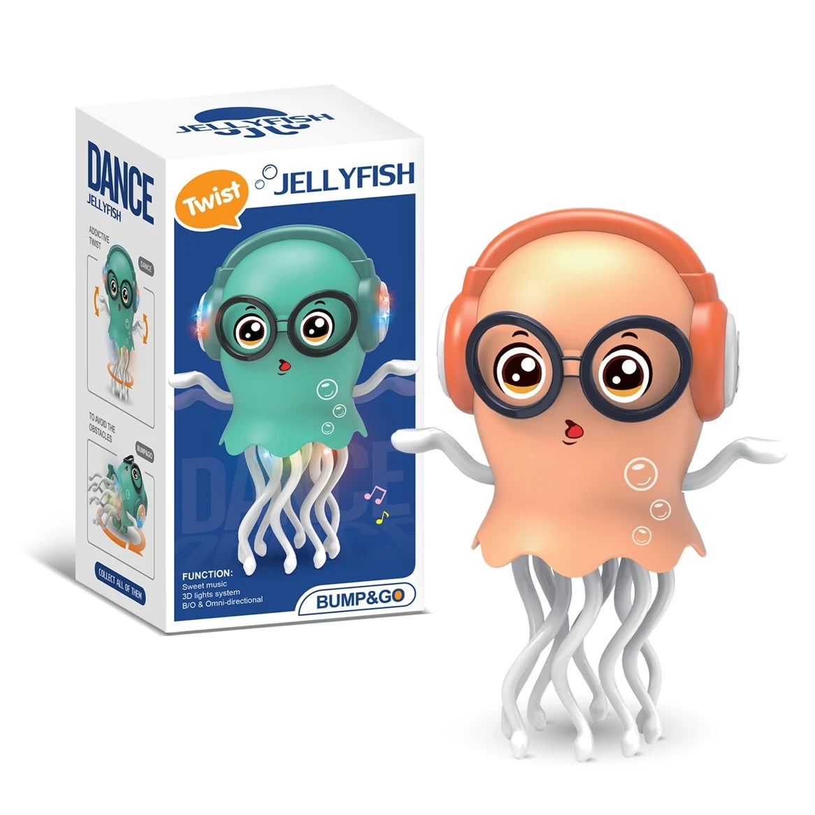 Orange crawling jellyfish toy with headphones and glasses, next to its product box.