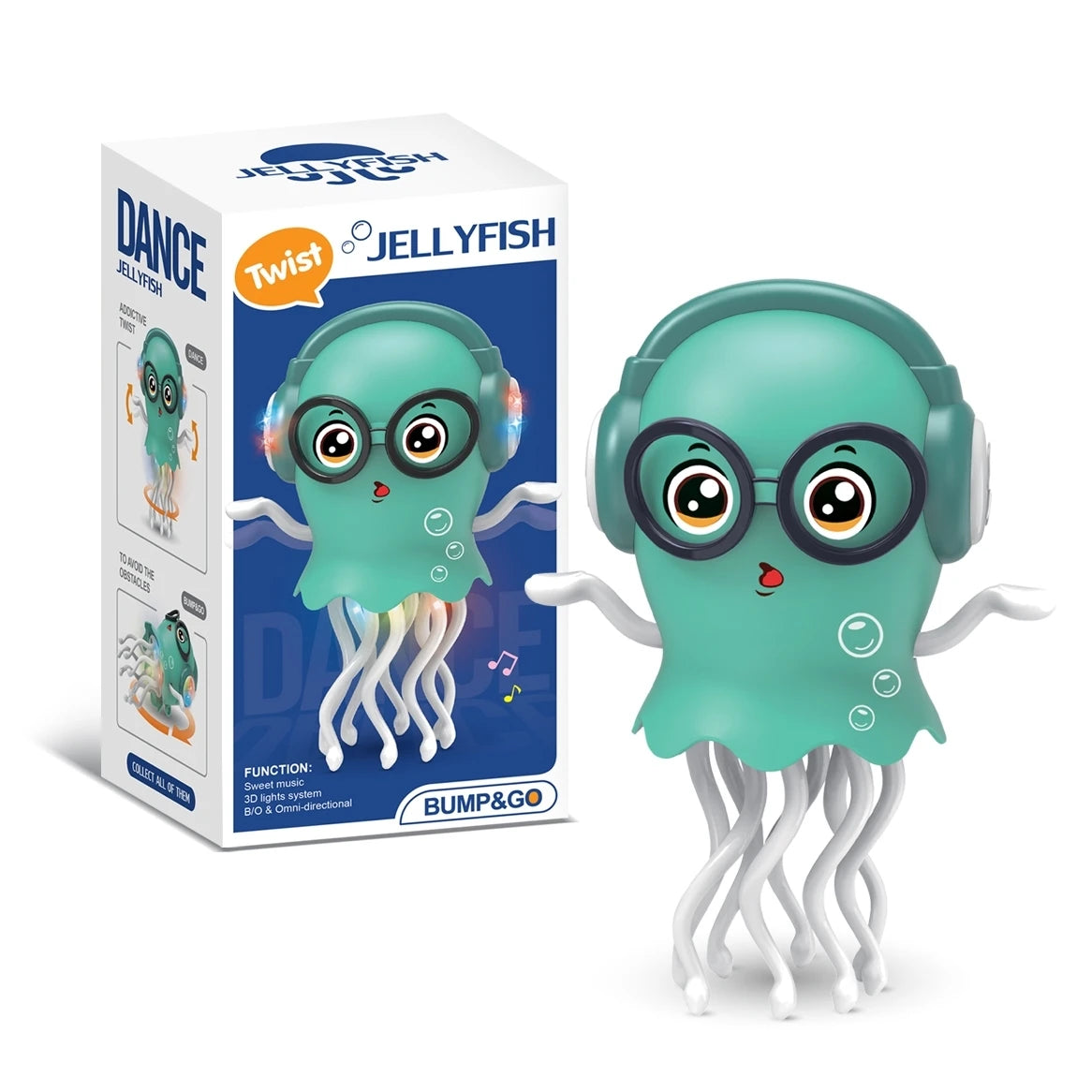 Interactive teal jellyfish toy with headphones, glasses, and LED lights, next to its white packaging.