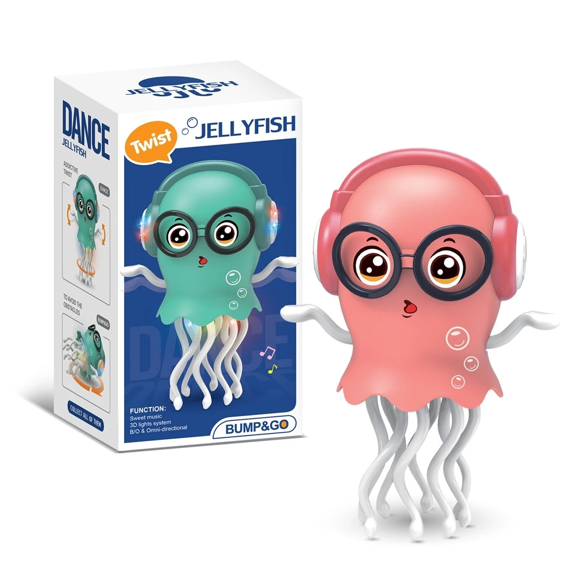 Pink and teal interactive crawling jellyfish toy with LED lights, headphones, and obstacle sensor.
