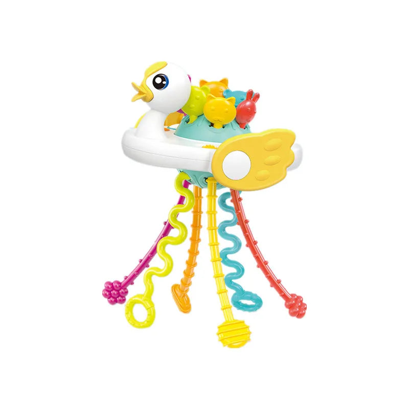 Montessori silicone sensory pull string toy with a duck design, pop-its, and colorful textured strings.