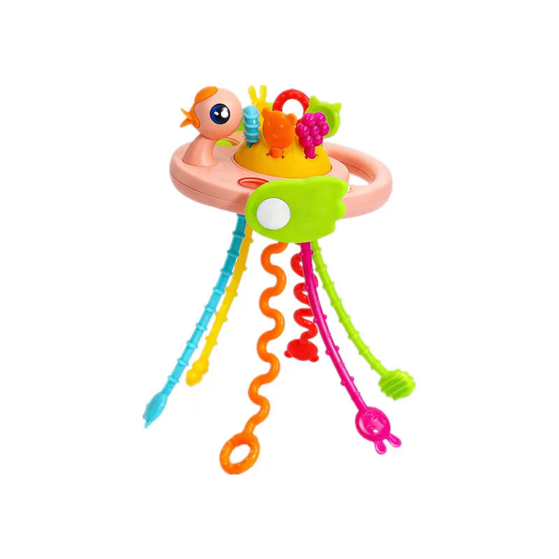 Montessori silicone sensory pull string toy for babies with colorful strings, pop-it bubbles, and a bird design.