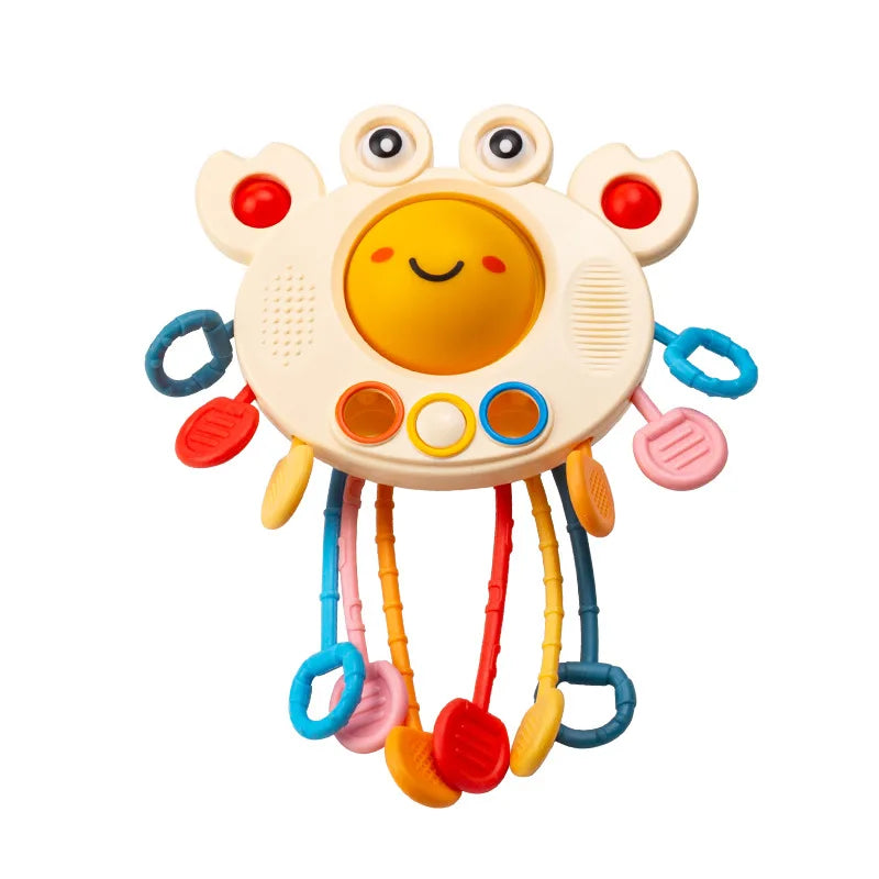 Montessori silicone crab teether toy with colorful pull strings, pop-it bubbles, and sliding ball.