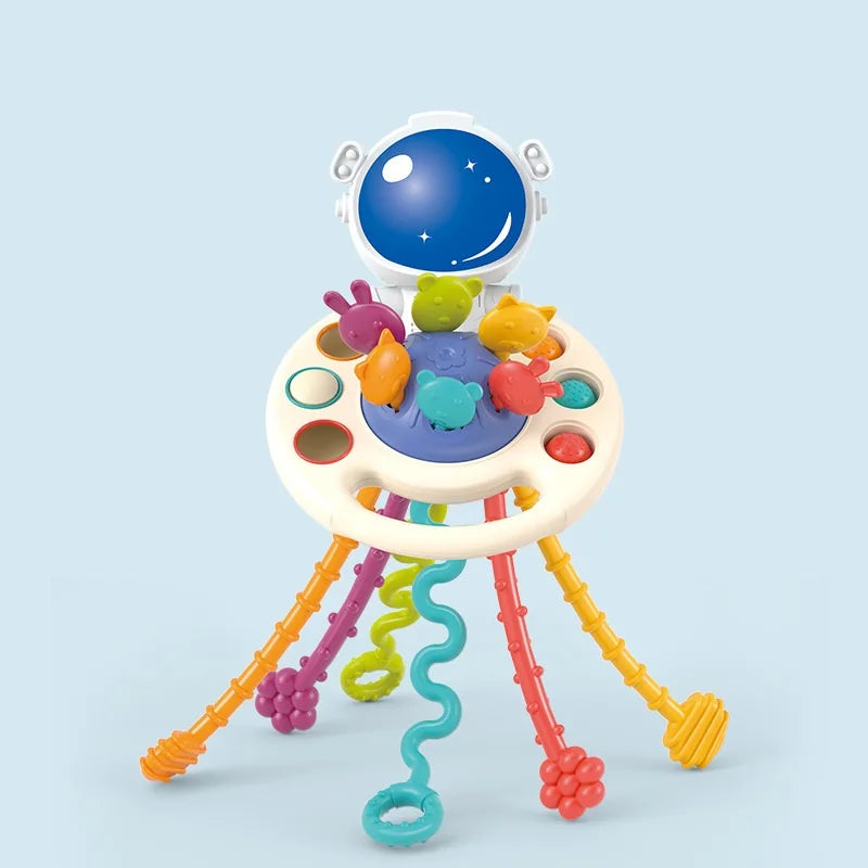 Montessori silicone sensory pull string toy with astronaut helmet, colorful textured strings, and animal pop-its.