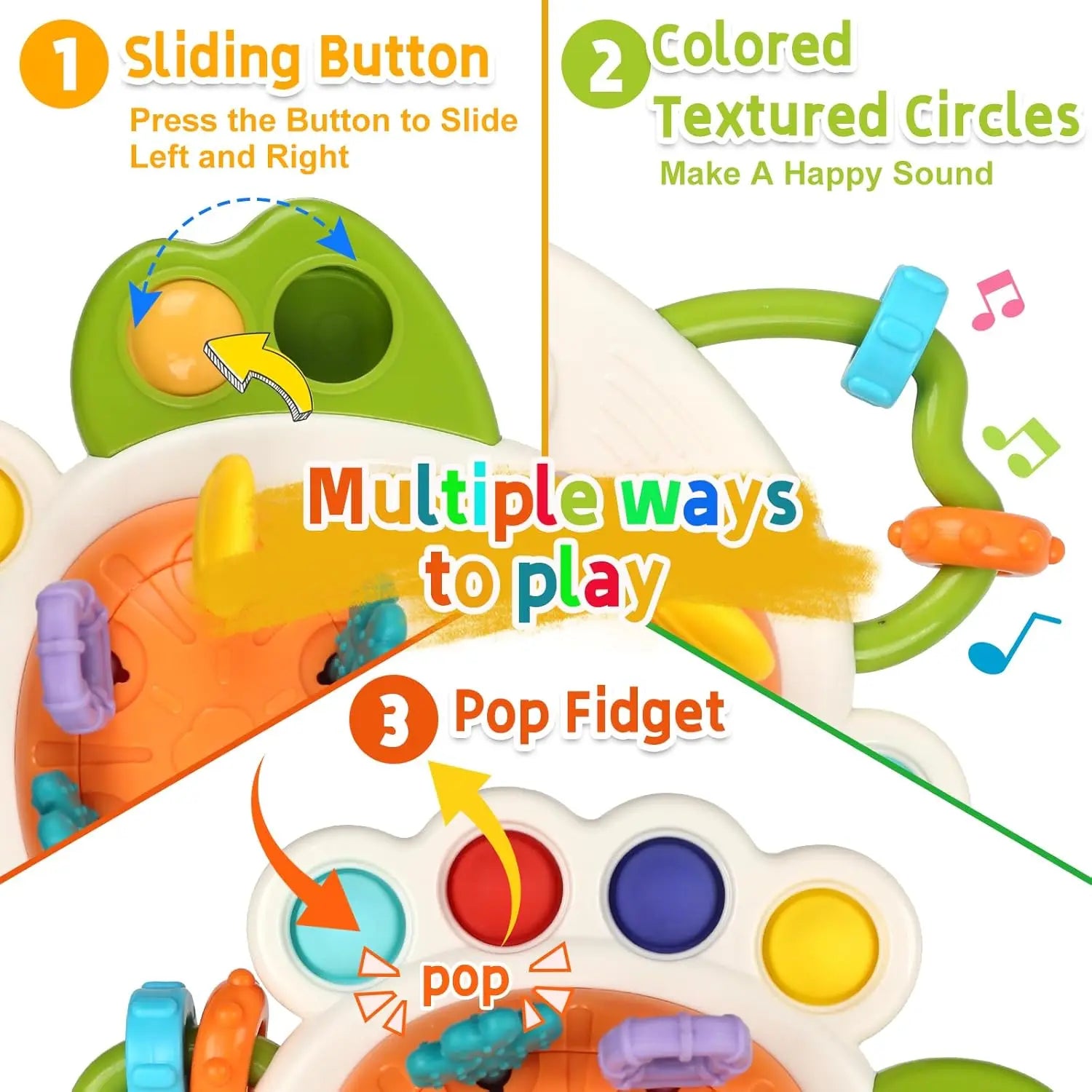 Montessori silicone sensory pull string toy with sliding button, textured circles, and pop fidgets.