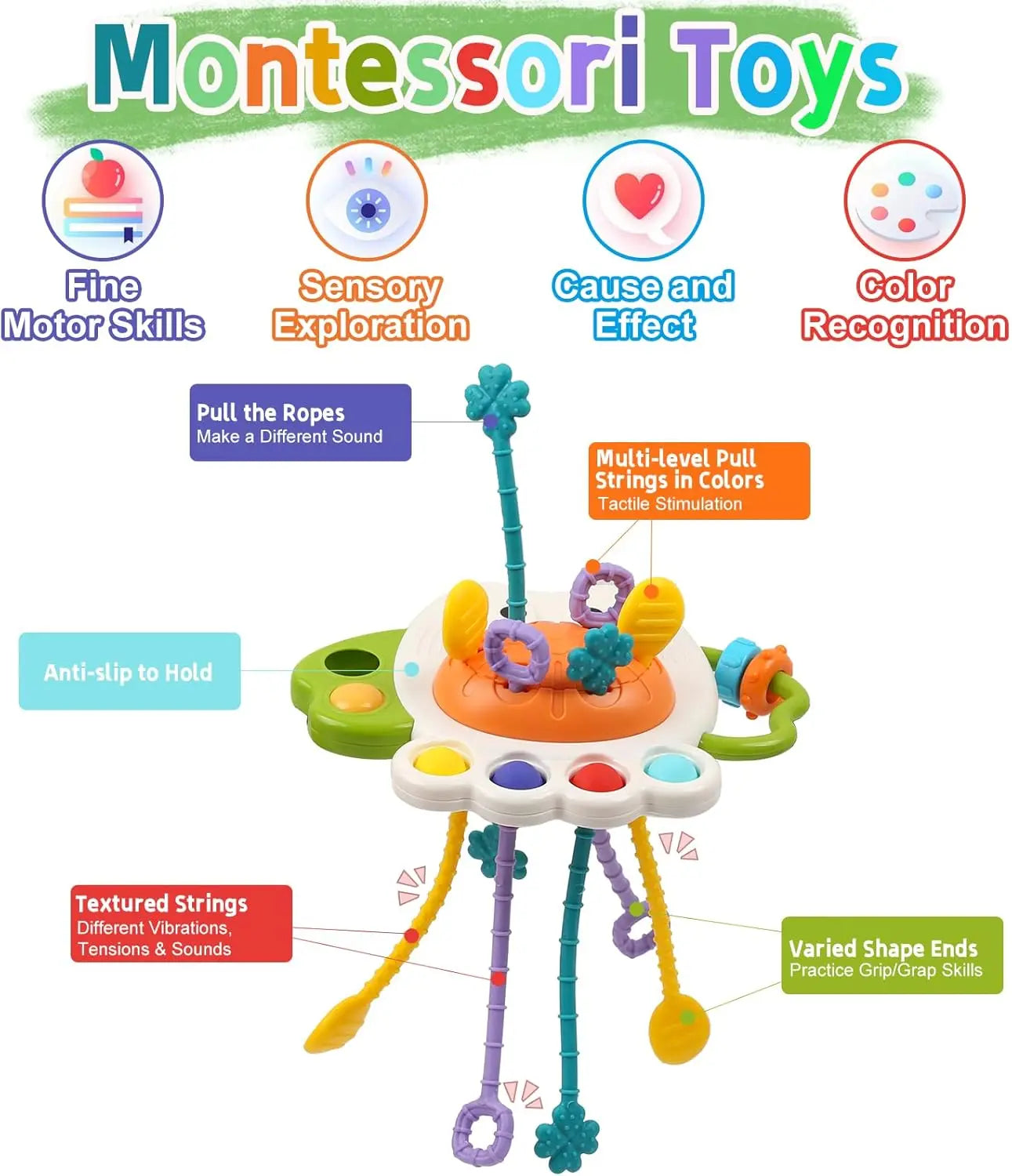 Montessori silicone baby teether toy with colorful pull strings, pop-its, and varied textures for sensory and motor skill development.