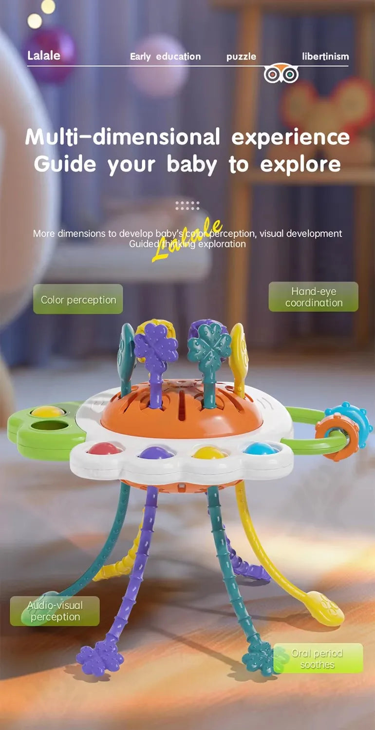Colorful silicone Montessori sensory pull string toy with pop-it bubbles and sliding ball.