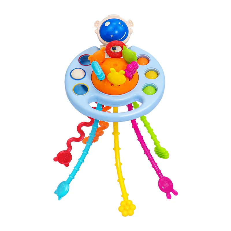 Montessori silicone sensory pull string toy with astronaut design, pop-its, and colorful textured strings.