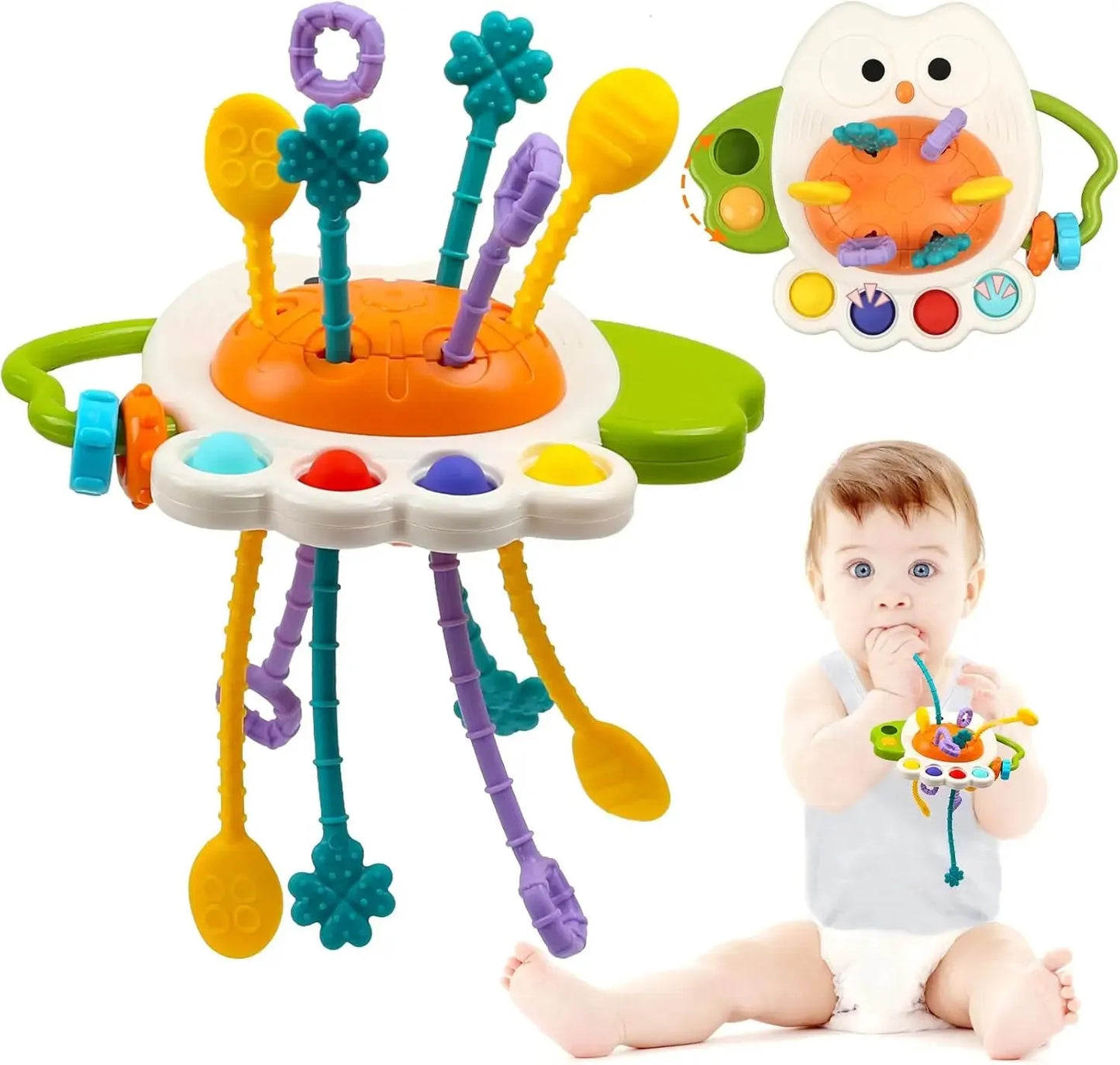 Montessori silicone sensory pull string toy with colorful strings, pop-its, and a baby playing with it.