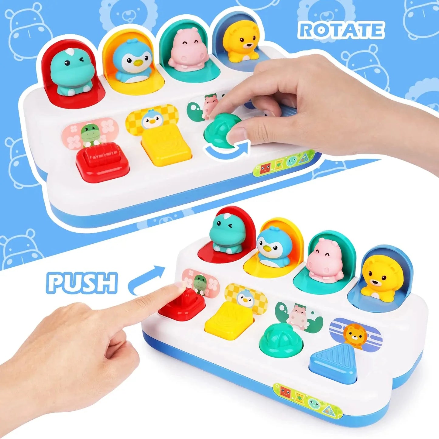 Interactive pop-up toy with colorful animal figures, buttons, and a rotating knob for motor skill development.