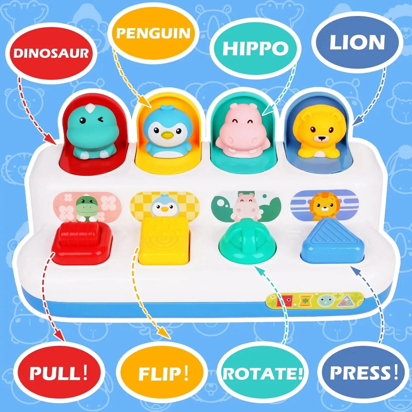 Colorful pop-up toy with dinosaur, penguin, hippo, and lion figures, featuring pull, flip, rotate, and press actions.