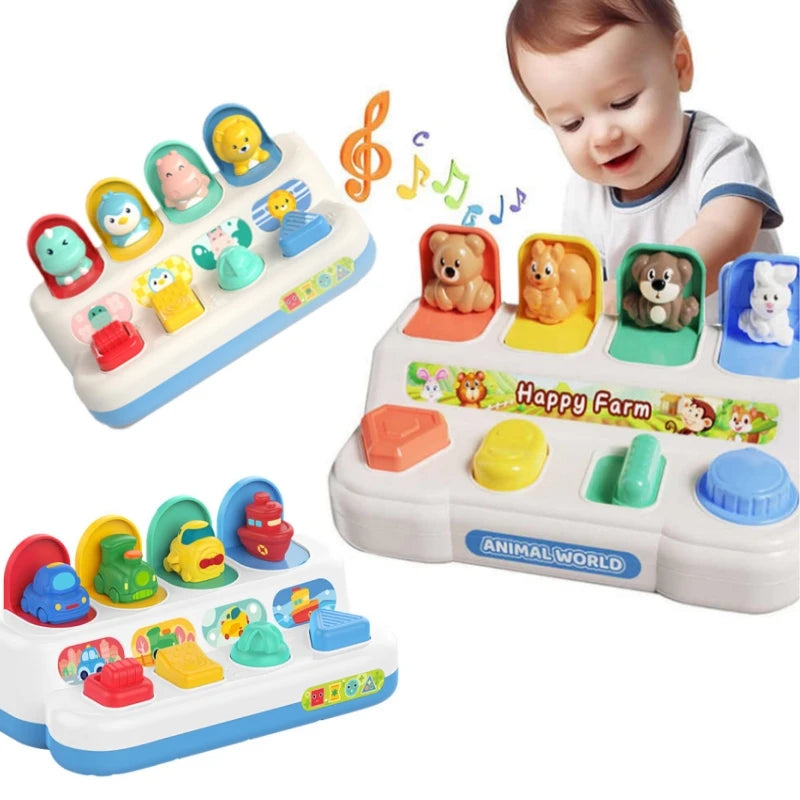 Colorful pop-up toy for babies with animal and vehicle themes, featuring interactive buttons and figures.