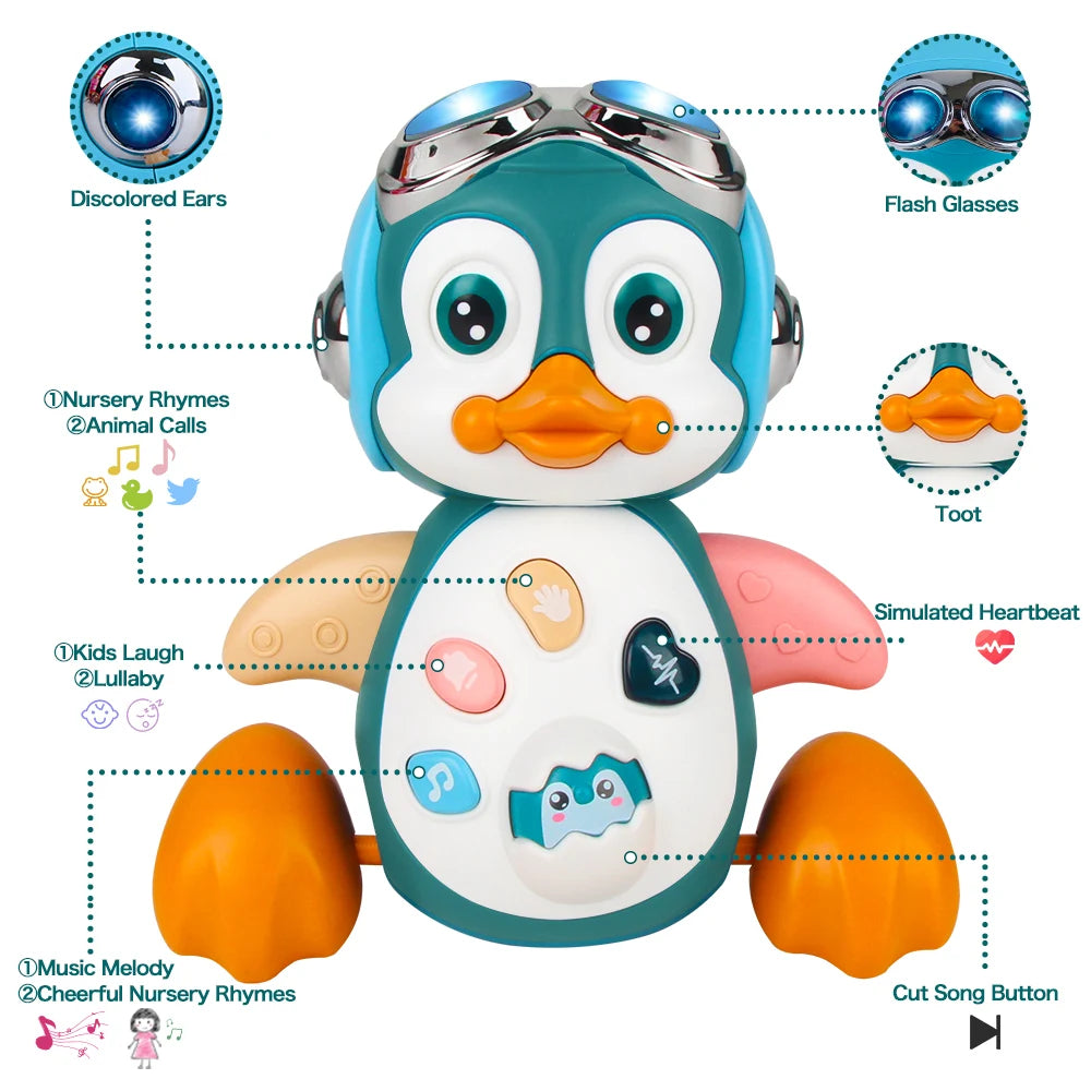 Interactive musical crawling penguin toy with lights, buttons, and sound features for baby development.
