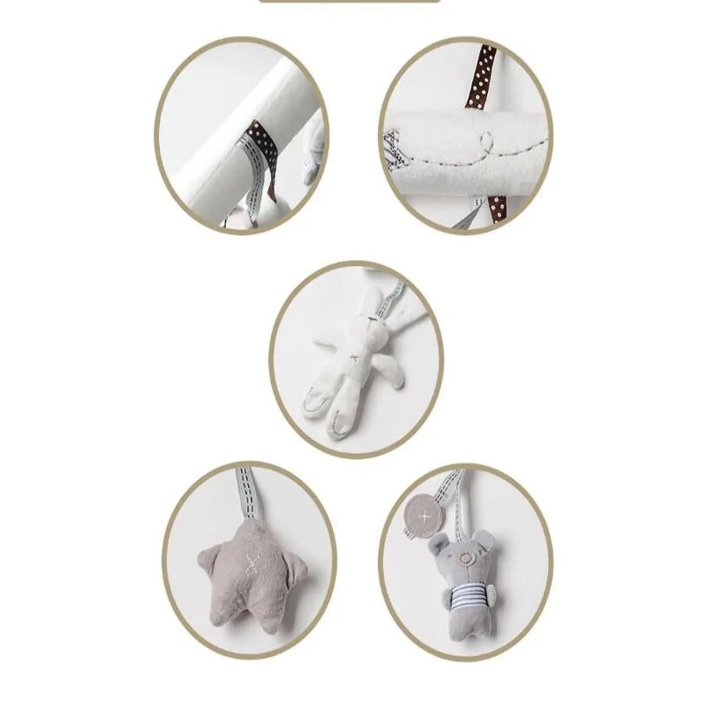 Soft plush baby rattle toy with hanging bunny, star, and elephant charms.