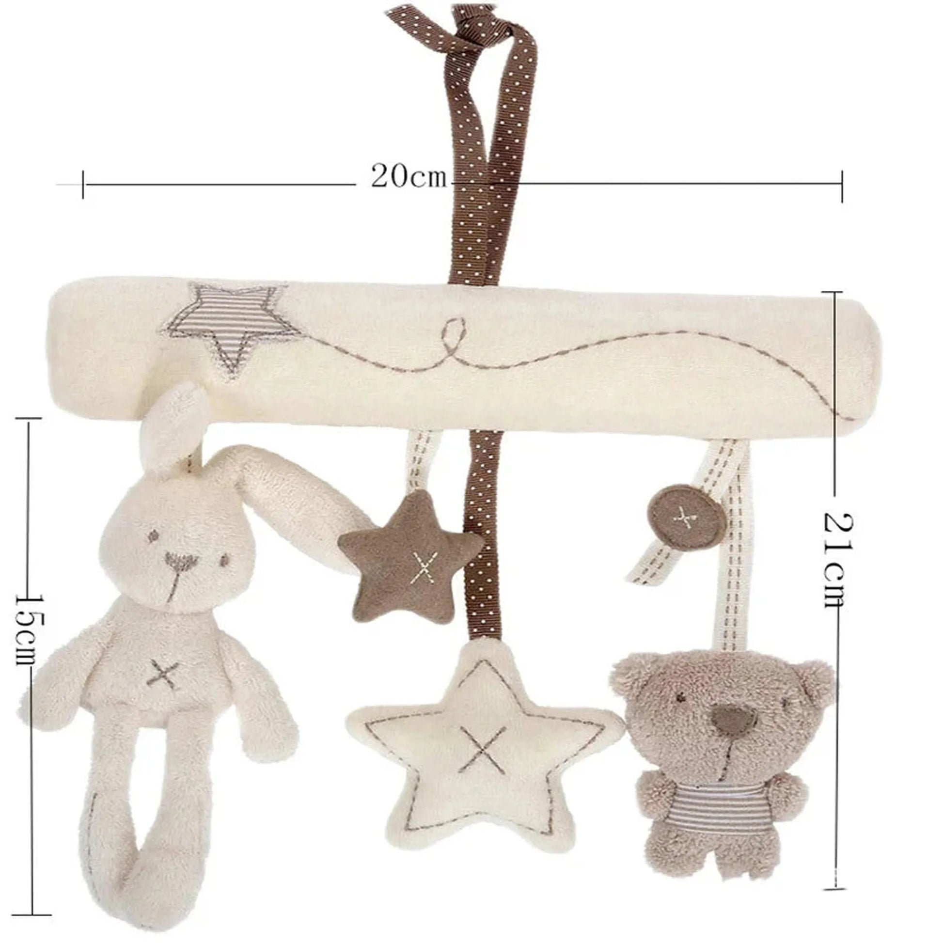 Soft plush baby rattle toy with hanging bunny, bear, and stars, 20cm wide.