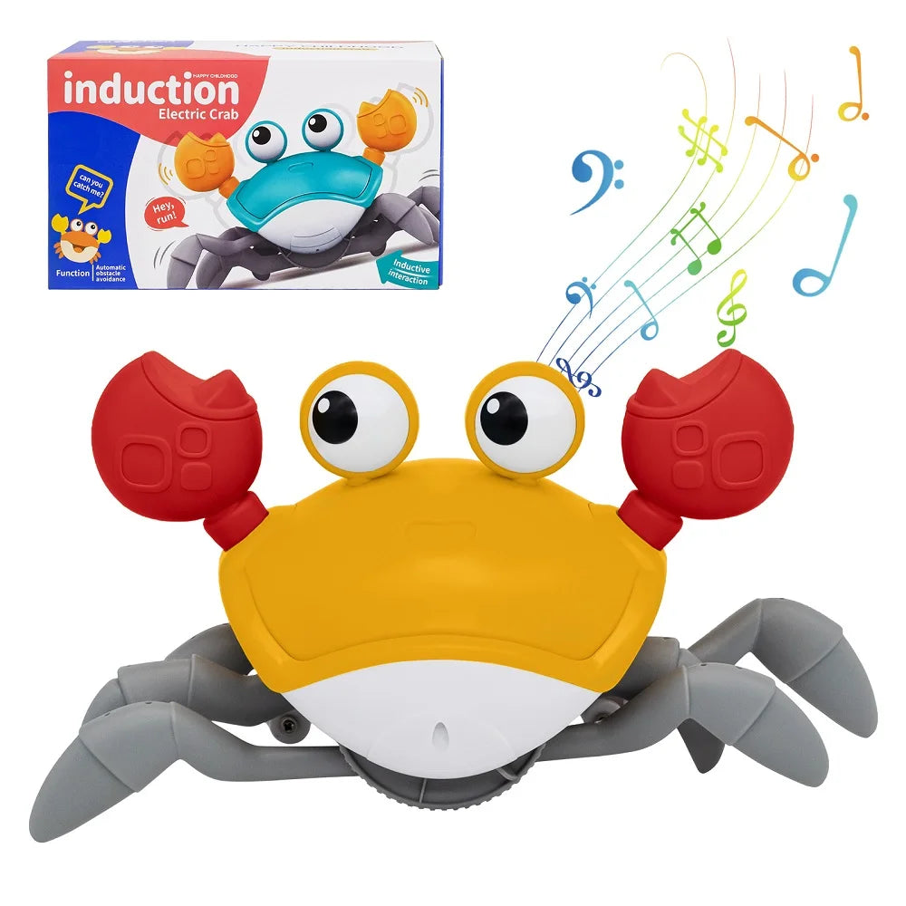 Yellow and red interactive crawling crab toy with large eyes, gray legs, and music notes.