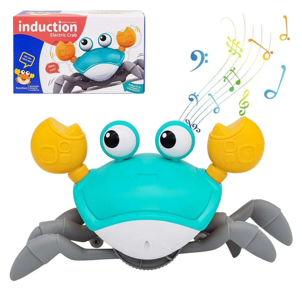 Blue and yellow interactive crawling crab toy with motion sensor, lights, and music.
