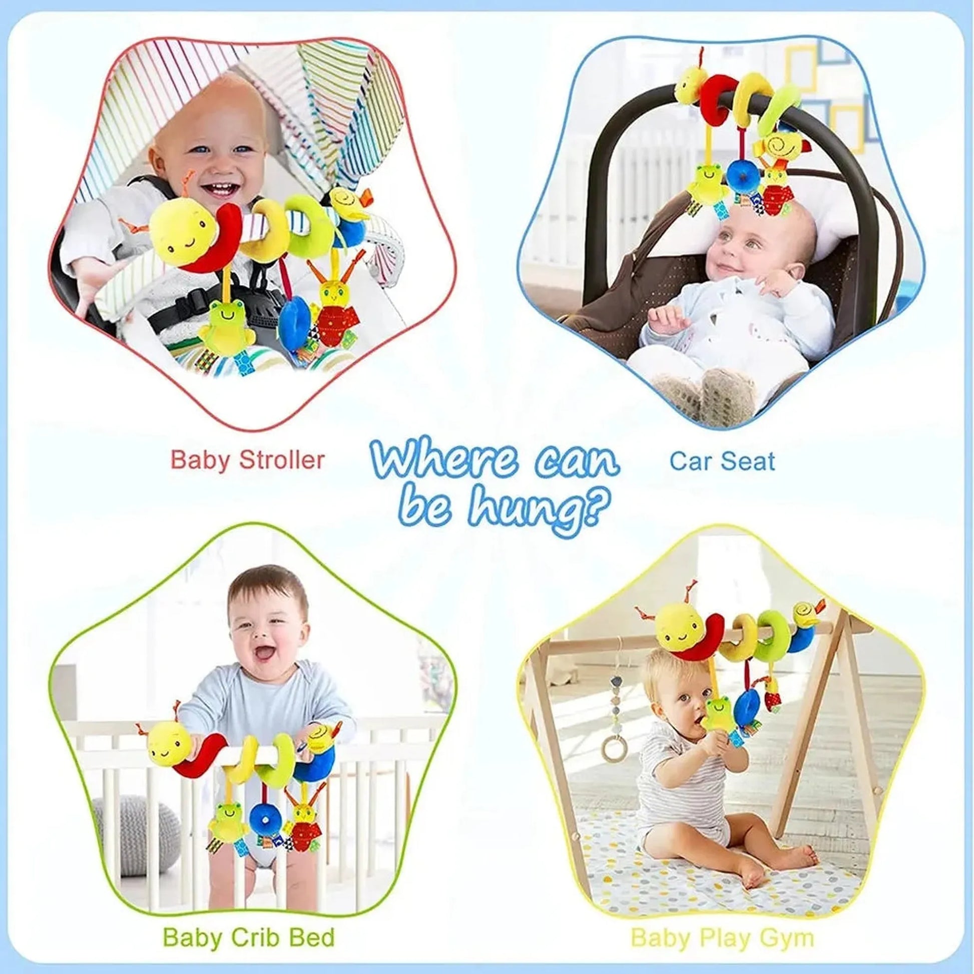 Colorful spiral baby toy with rattles, perfect for strollers, car seats, cribs, and play gyms.