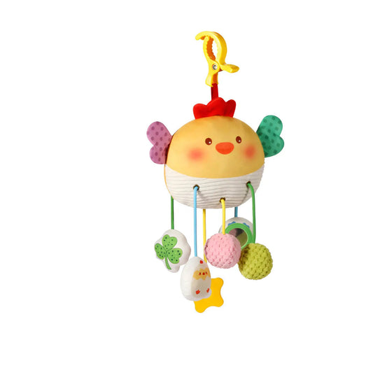 Plush chicken crib toy with pull mechanism, sounds, and colorful hanging shapes.