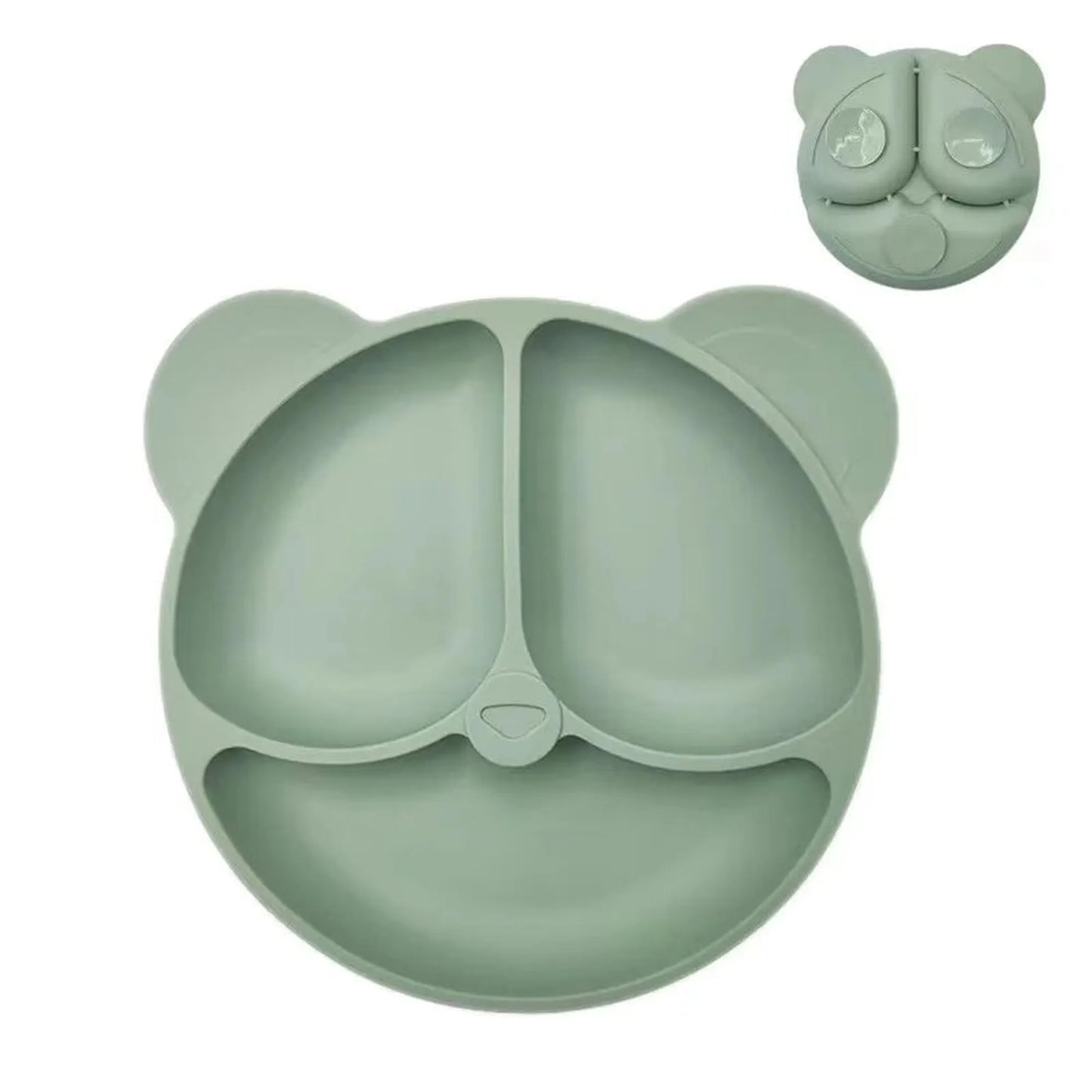 Green panda-shaped silicone baby plate with three divided sections and a strong suction base.
