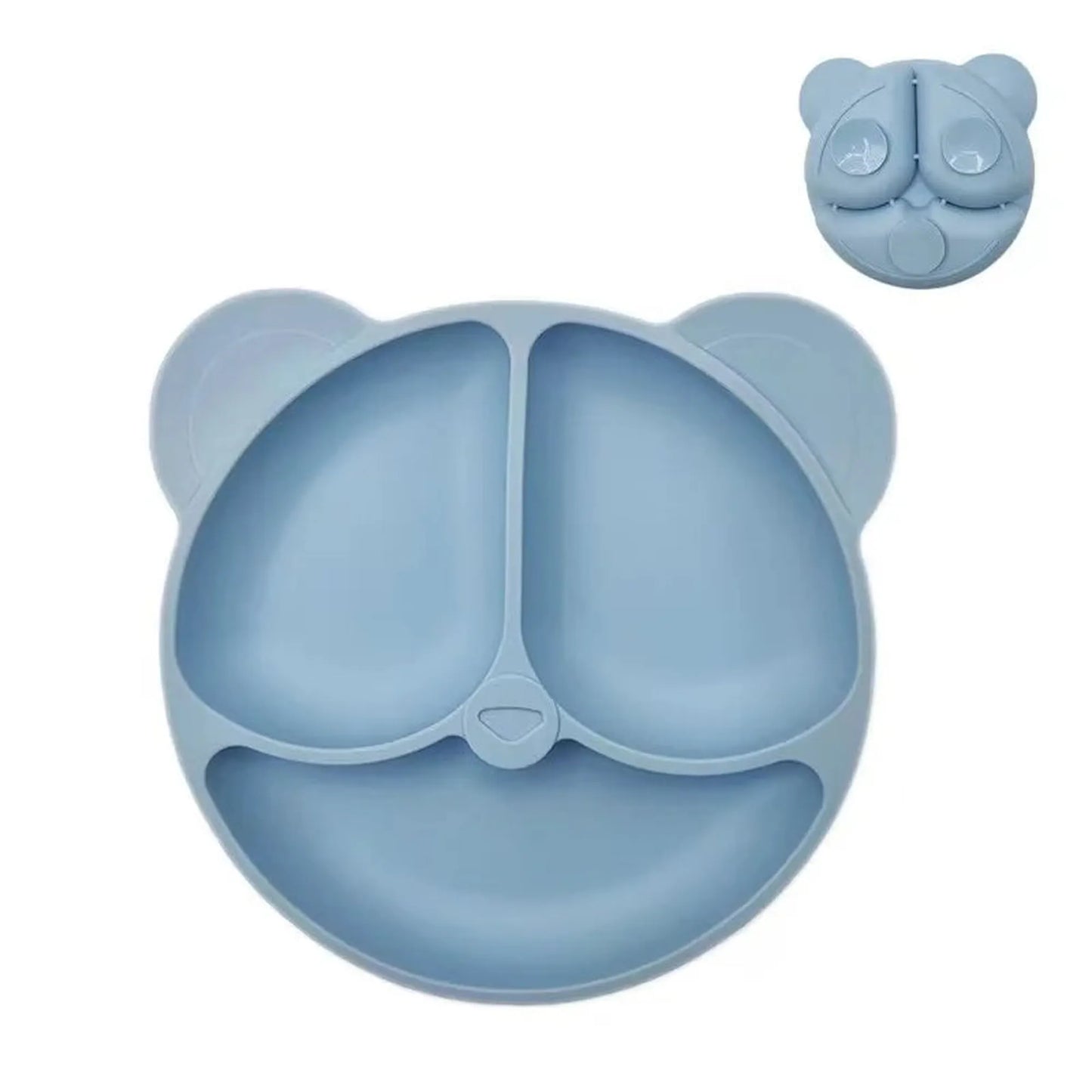 Light blue silicone panda plate with three divided sections and strong suction base for babies.