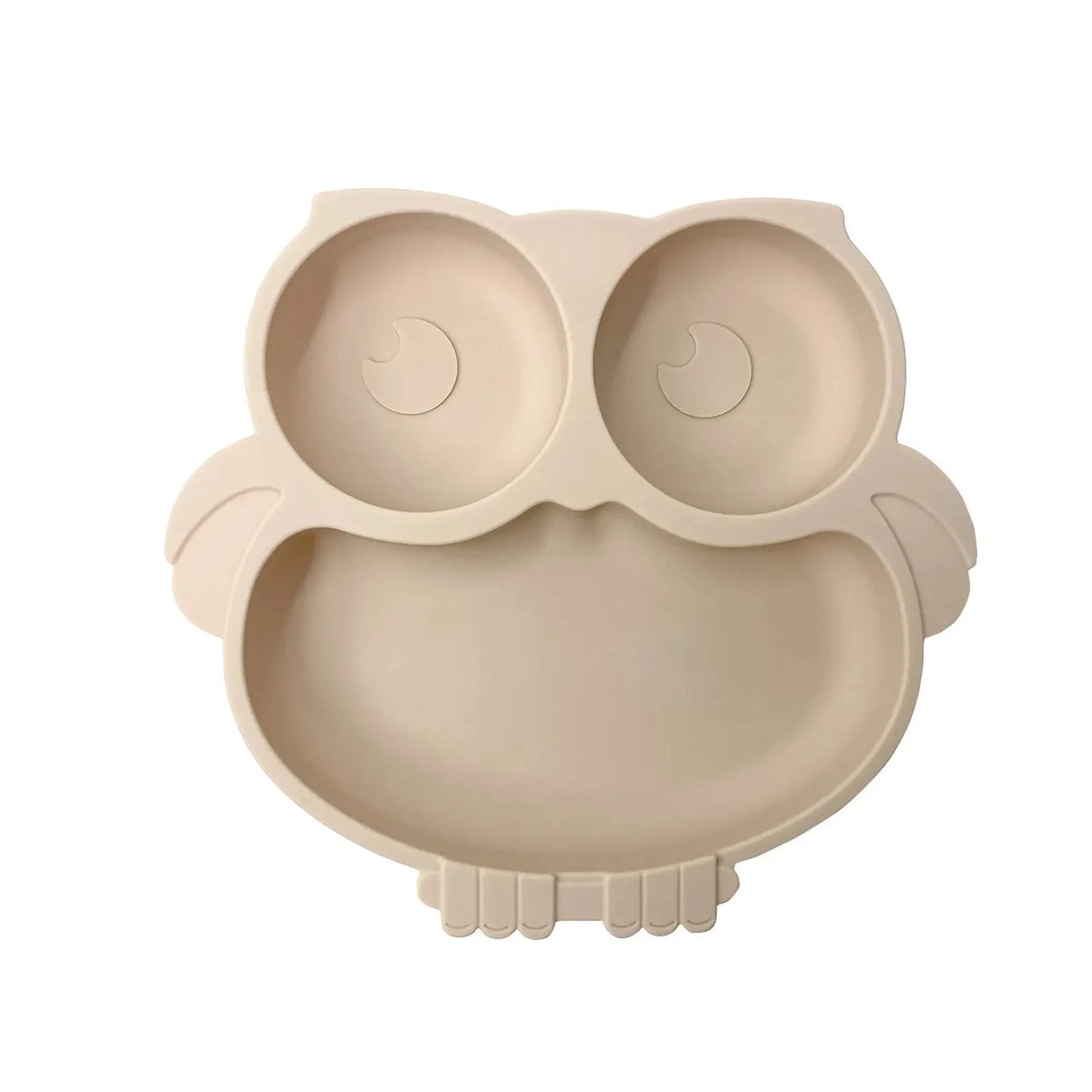 Beige owl-shaped silicone suction plate for self-feeding babies and toddlers.