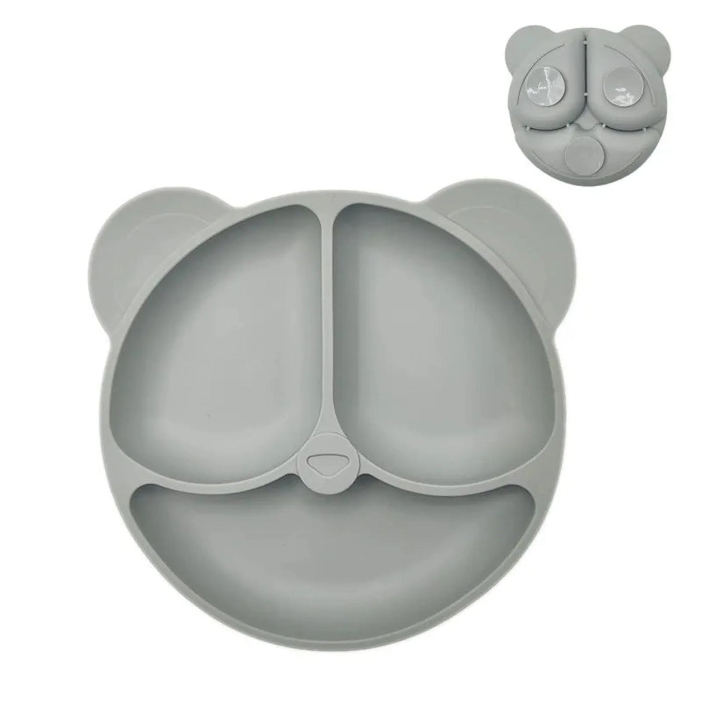 Gray silicone panda plate with three divided sections and strong suction base for self-feeding babies.