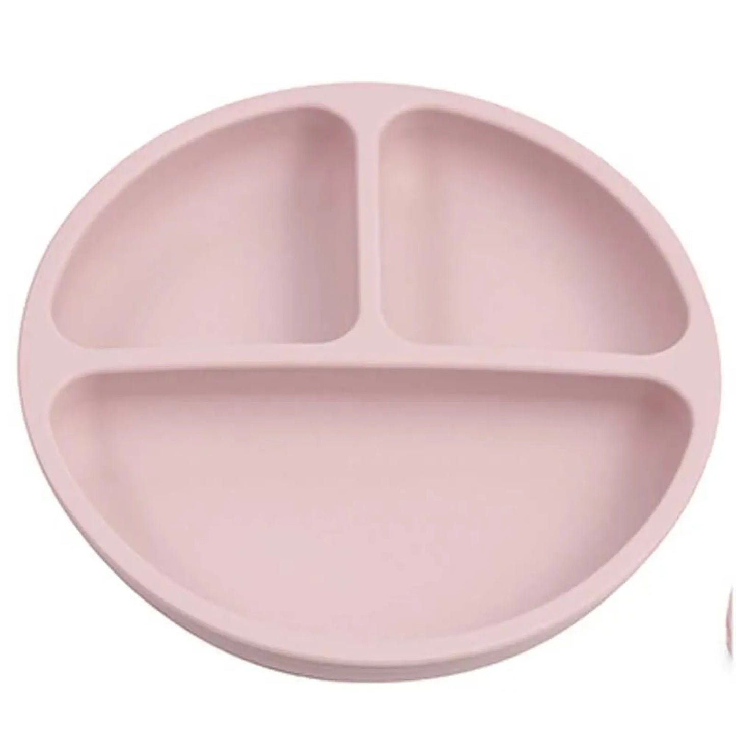 Pink silicone baby plate with strong vacuum base and three divided sections.