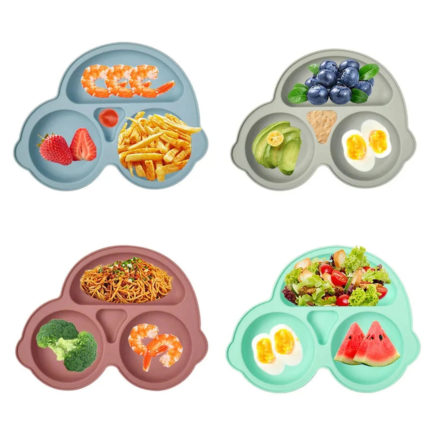 Four car-shaped silicone suction plates in blue, gray, pink, and mint, each with divided sections of food.