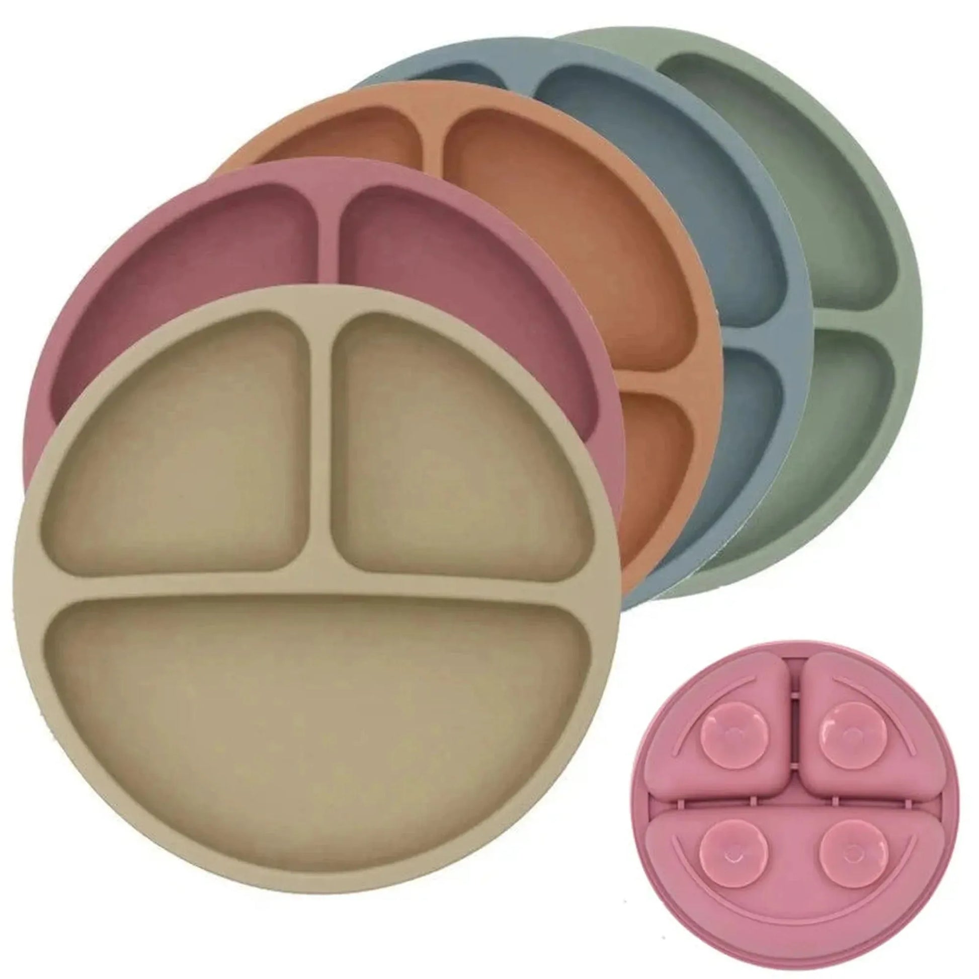 Stack of five silicone suction plates in various colors, with a pink plate showing the vacuum base.