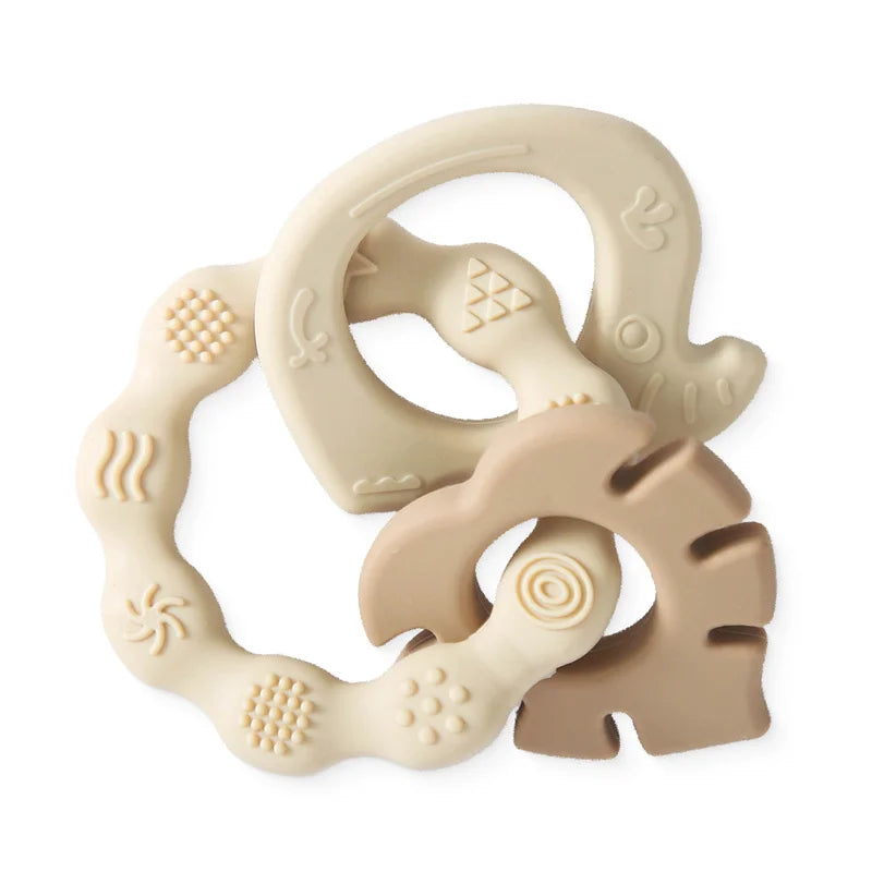 Beige silicone baby teether rings with various textures and an animal shape.