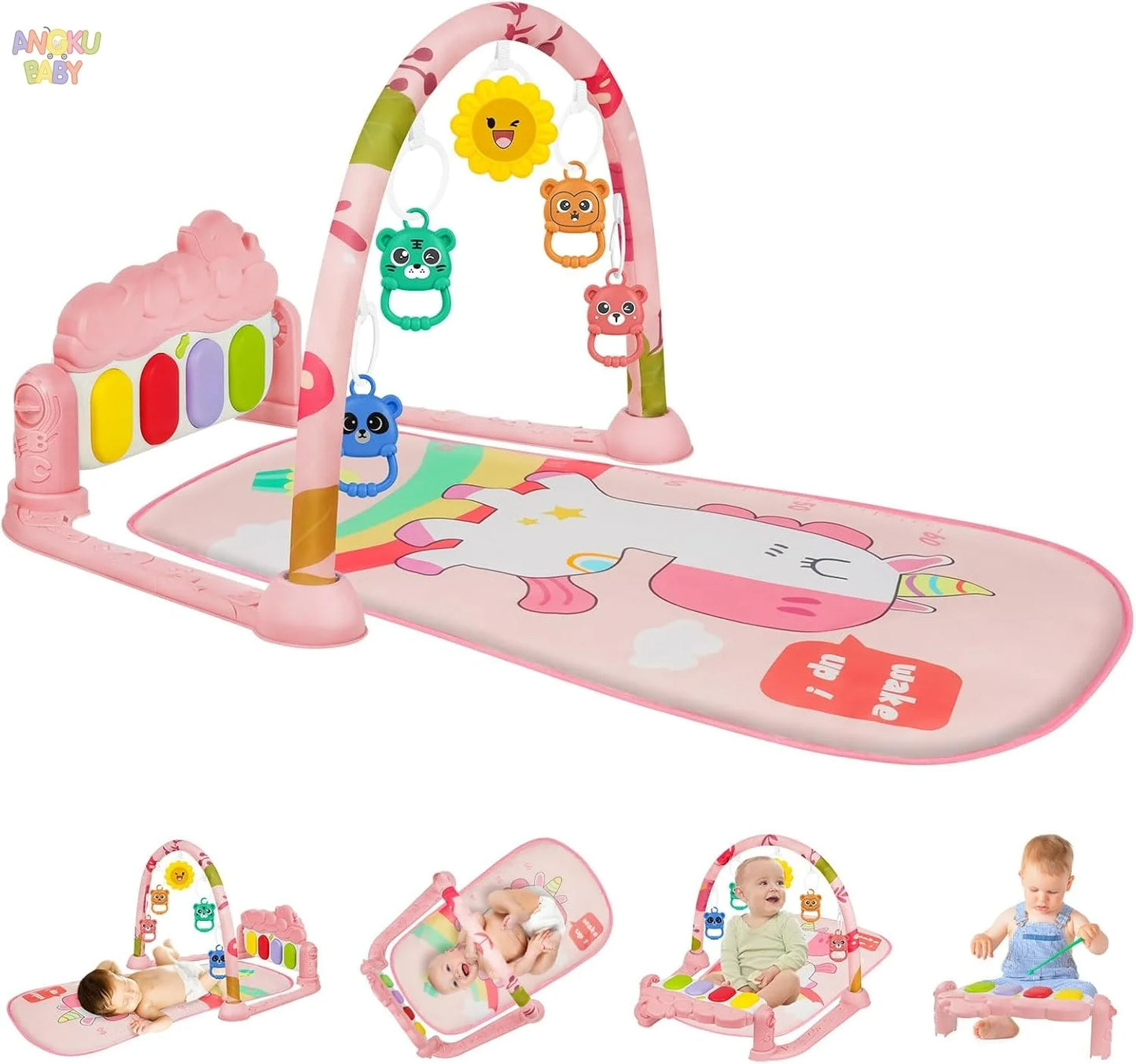 Pink baby play gym with musical piano, hanging animal toys, and a unicorn-themed mat.
