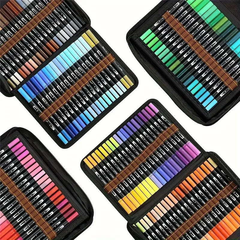 Four open cases of dual-tip art markers, displaying vibrant color sets for drawing and coloring.