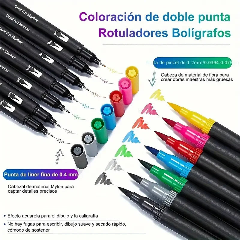Dual-tip art markers with brush and fine tips, showing various colors and drawing styles.