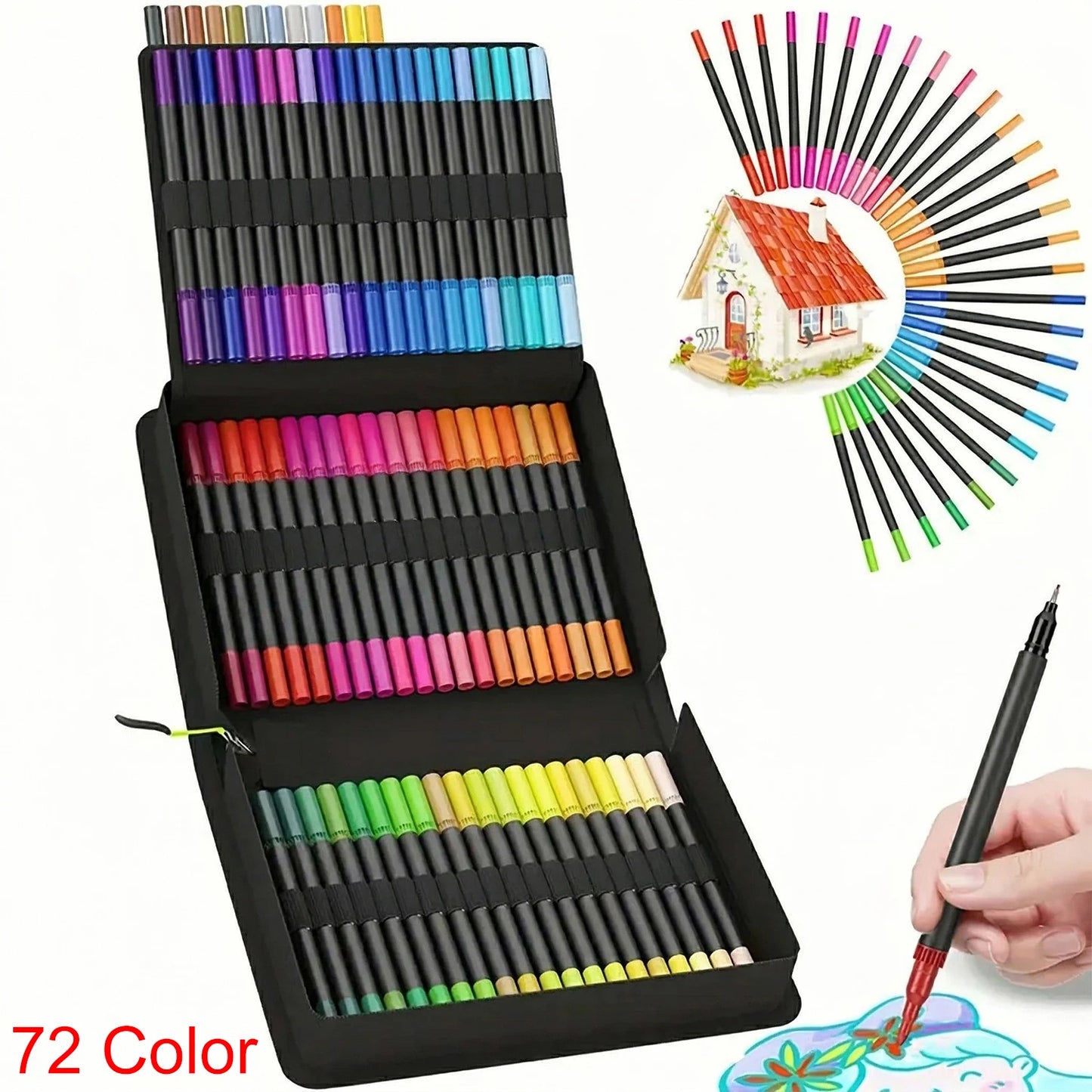 72-color dual-tip art markers in a black case, with a hand demonstrating use and a color fan.