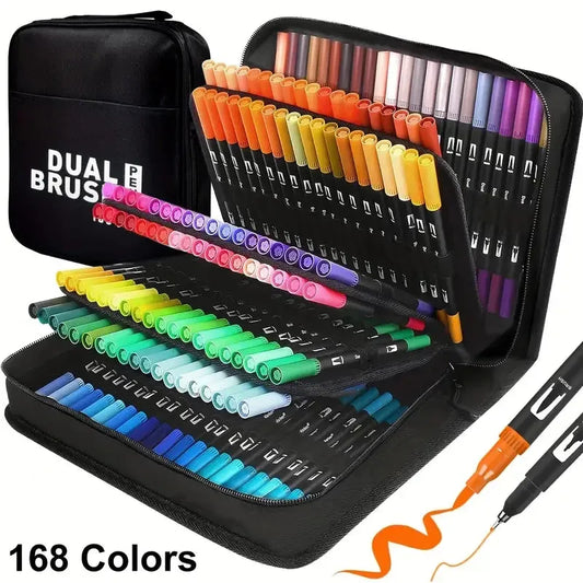 Black zippered case filled with 168 dual-tip art markers in a rainbow of colors, plus a separate black pouch.